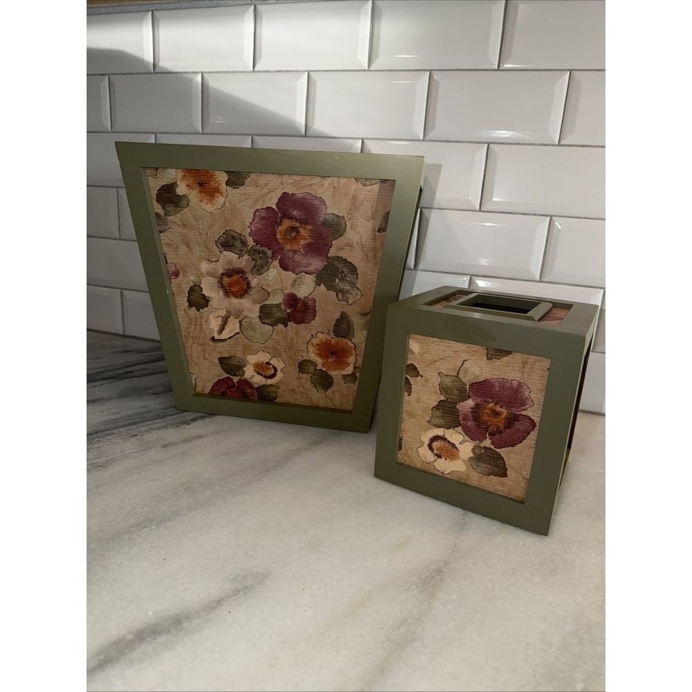 Belk Bali Wooden Tissue Cover With Matching Trash‎ Can GW999 Olive Green
